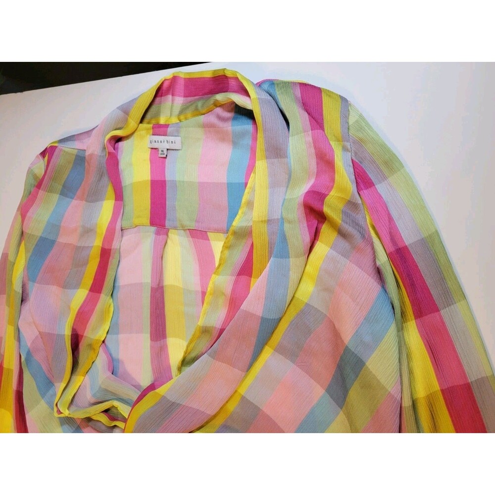 Gianni Bini Pastel Rainbow Plaid Twist Front V-Neck Blouse Top Size XL